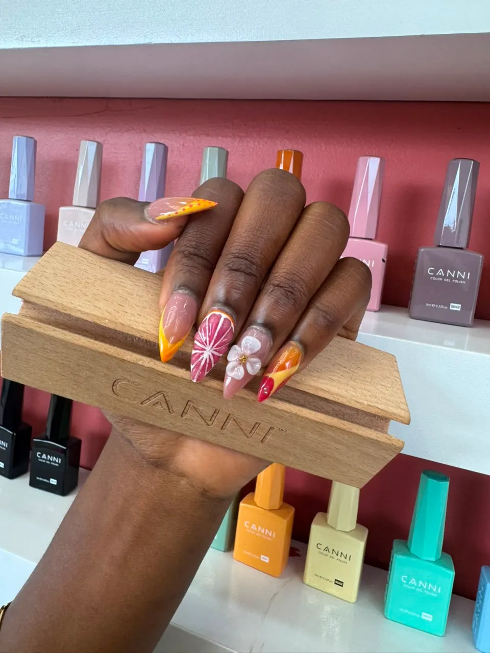 Citrus nail art with 3D flowers